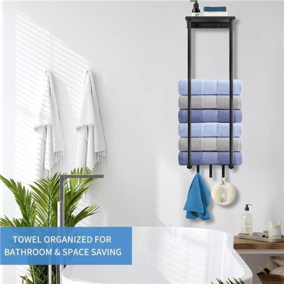 Towel Racks, Vertical Towel Storage with Metal Shelf and 3 Hooks - Picture 2 of 8